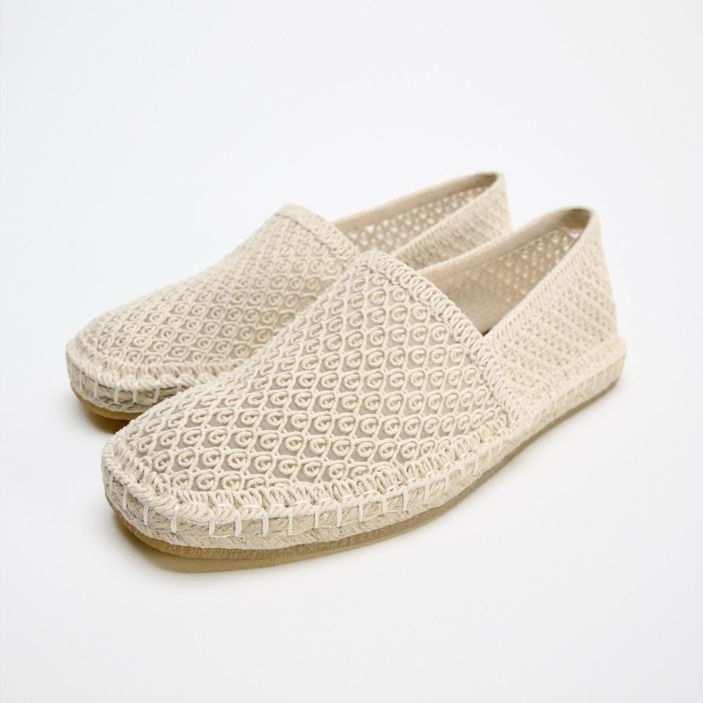 ZARA WOVEN CROCHET TEXTURED SLIP ON ESPADRILLE LOAFER FLATS Cream Ecru 41